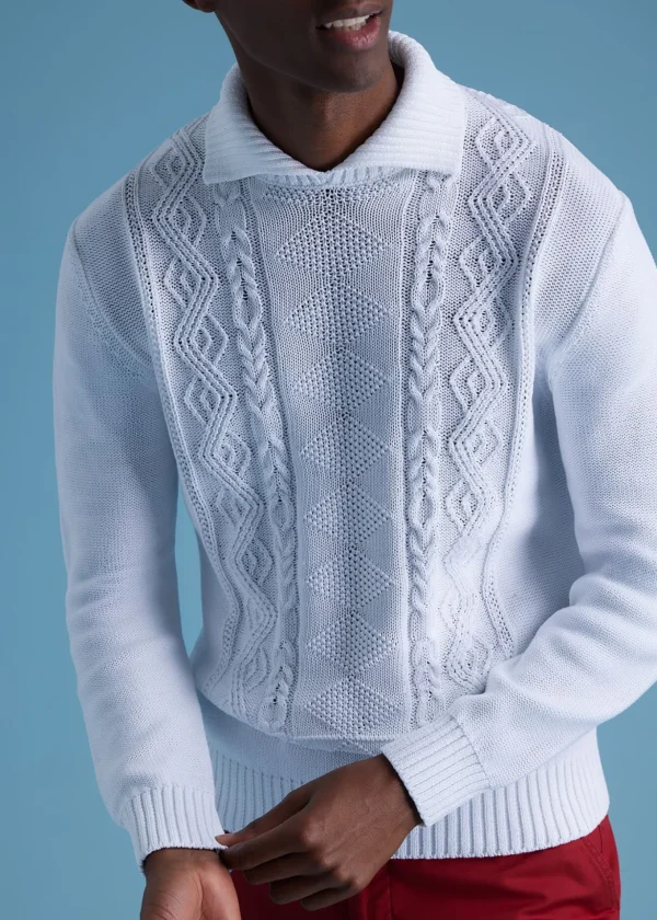 Aran Cable Mock Neck Cotton Sweater