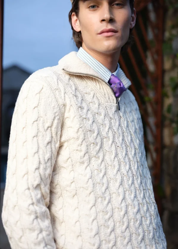 Cotton Cable Zip Neck Pullover