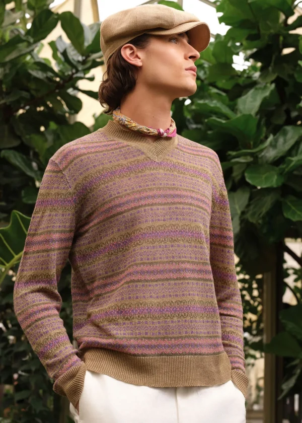 Linen Fair Isle V-neck Sweater