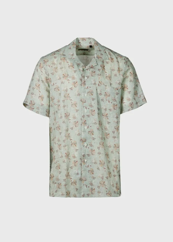 Linen Leaf Print Camp Shirt